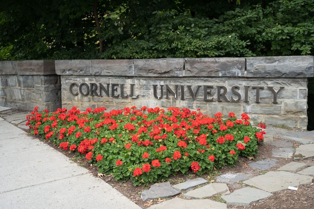 Cornell University stone entrance sign with red flowers planted in front