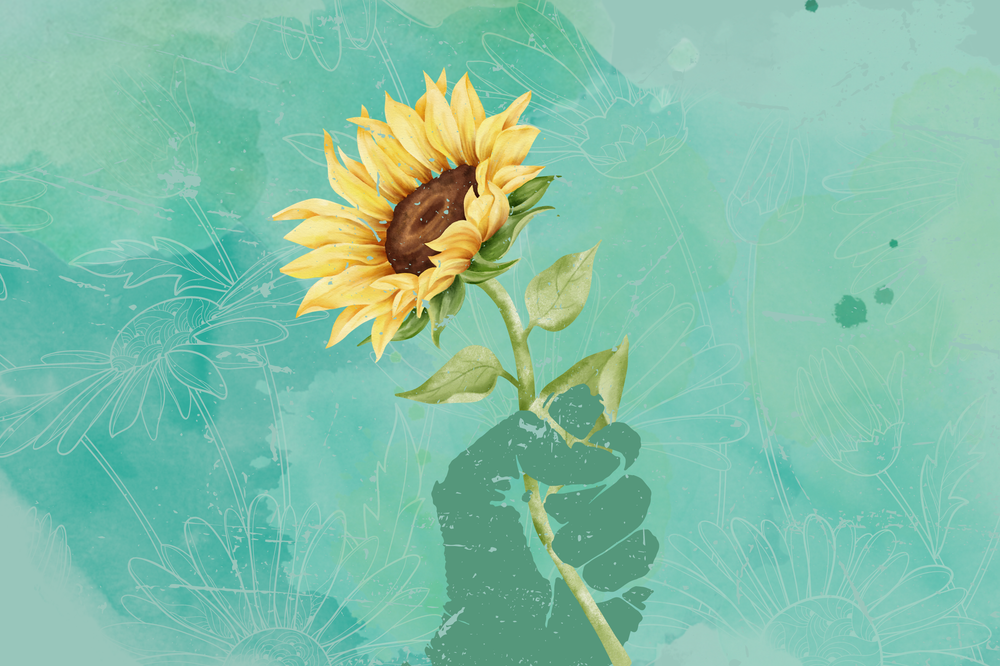 digital collage of teal background and a hand holding a sunflower