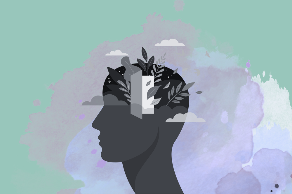 Illustration of a profile view of a person's head with an open door in the middle and leaves growing around the door's openin