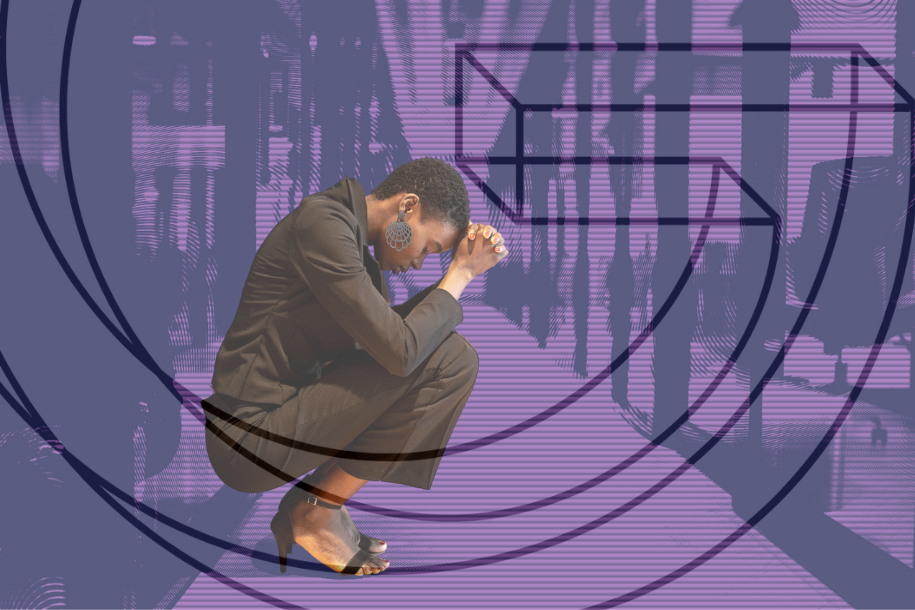 Woman kneeling against a wall in an office hallway, head in hands, with the Guttmacher Institute logo superimposed over the i