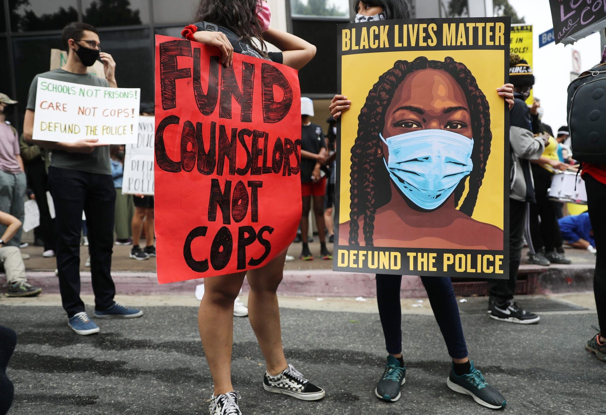 Black Lives Matter-Los Angeles supporters protest outside the Unified School District headquarters calling on the board of ed