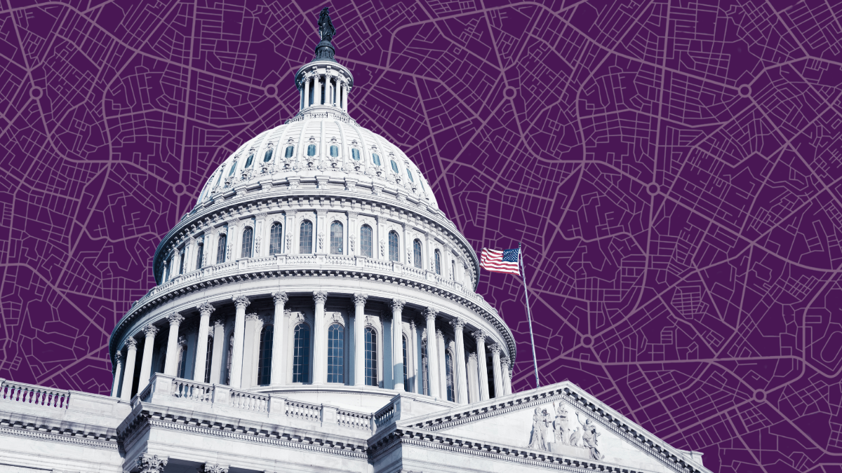 the Capitol building in the foreground with a minimalist purple street-grid map in the background