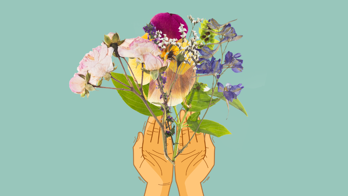 illustration of two hands outstretched holding a bouquet of flowers against a mint green background