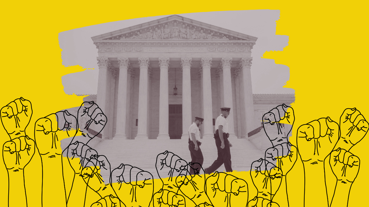 court house in front of a yellow background with illustrated fists signaling protest