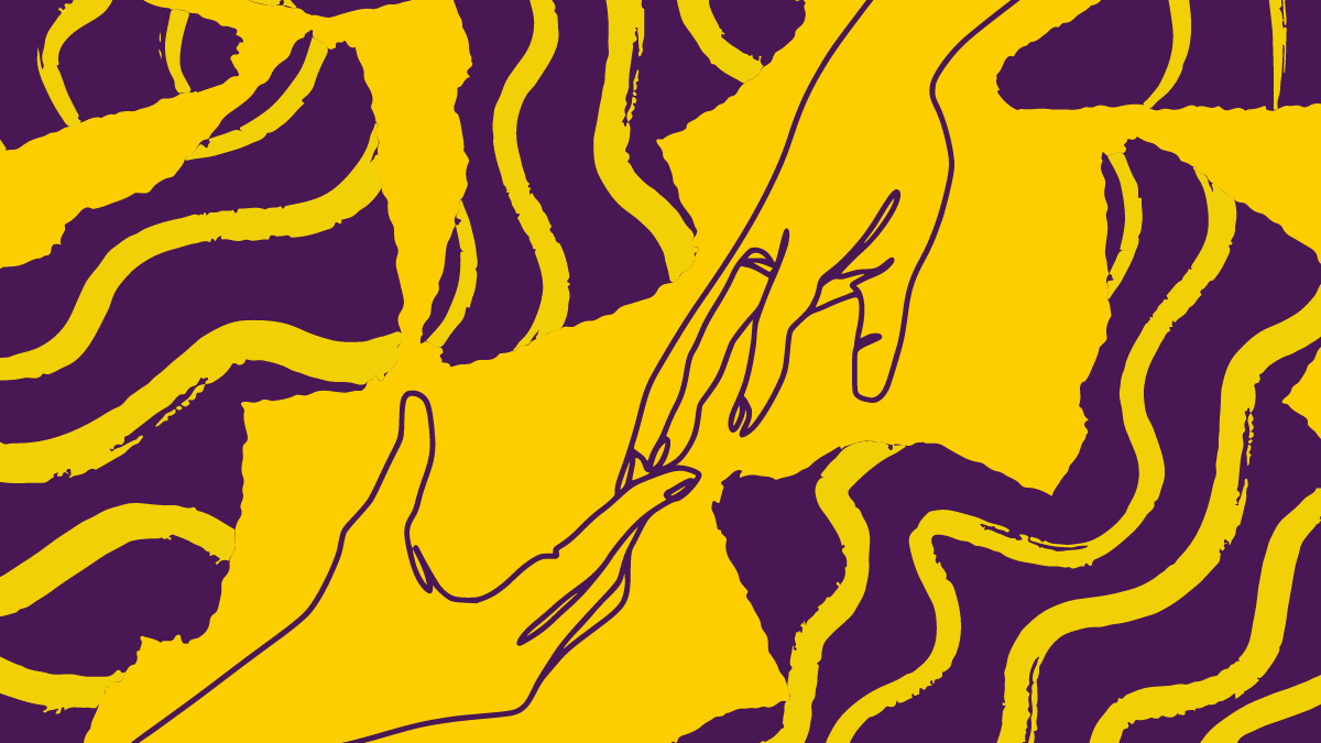 two illustrated hands holding each other with a yellow and purple background