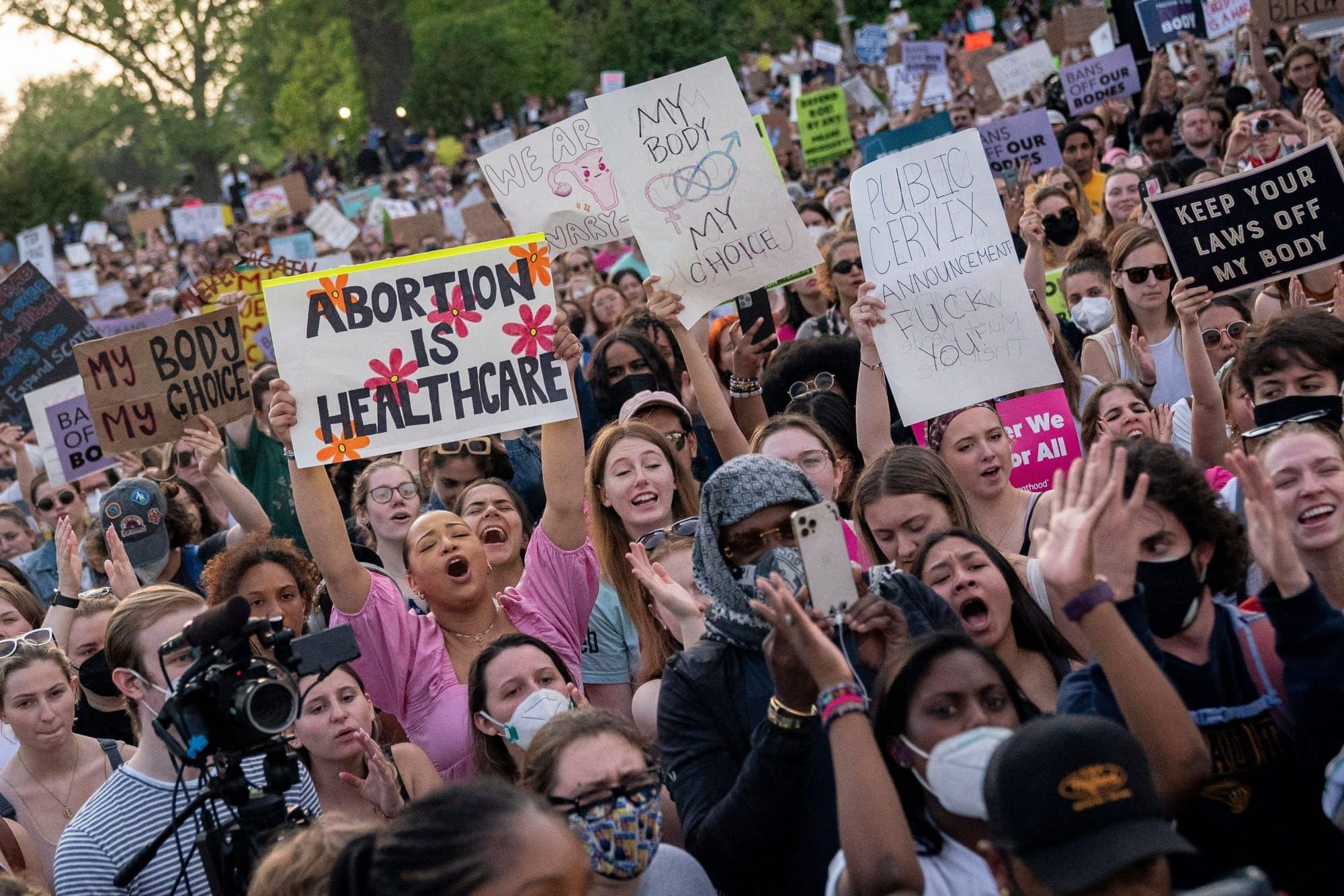 a large crowd of pro-choice protesters hold up signs in support of abortion