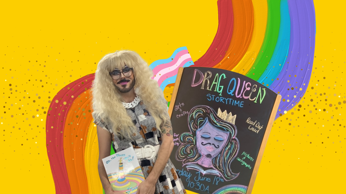 a drag queen with a blonde, curly wig wearing a grey dress with decorative white and black squares holds "Oh the places you'l