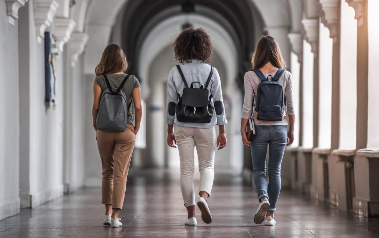 three female college students walk down an empty hallway with windows lining the righthand wall