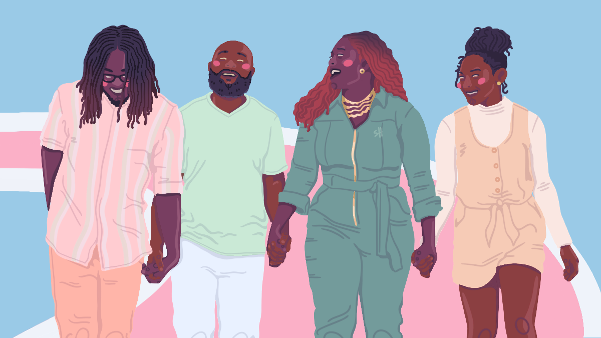 Illustration of four genderqueer, nonbinary, and trans people of color holding hands against a light blue and pink background