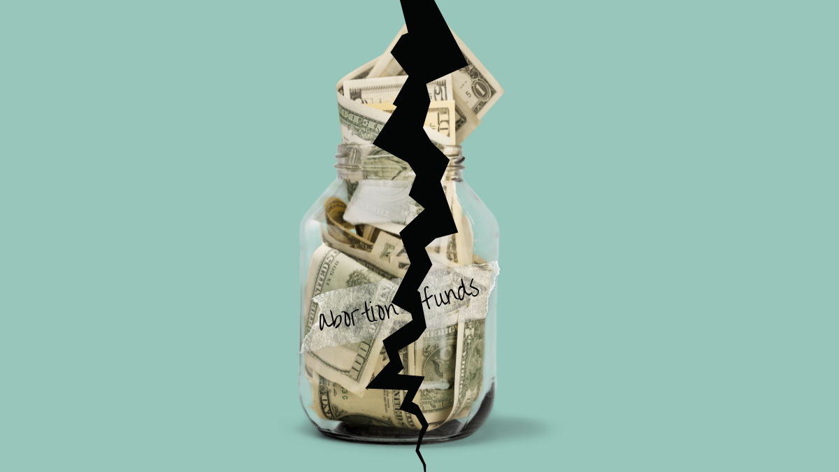 a clear glass mason jar filled iwth cash has a photoshopped black chasm splitting it in two. a piece of tape on the jar reads