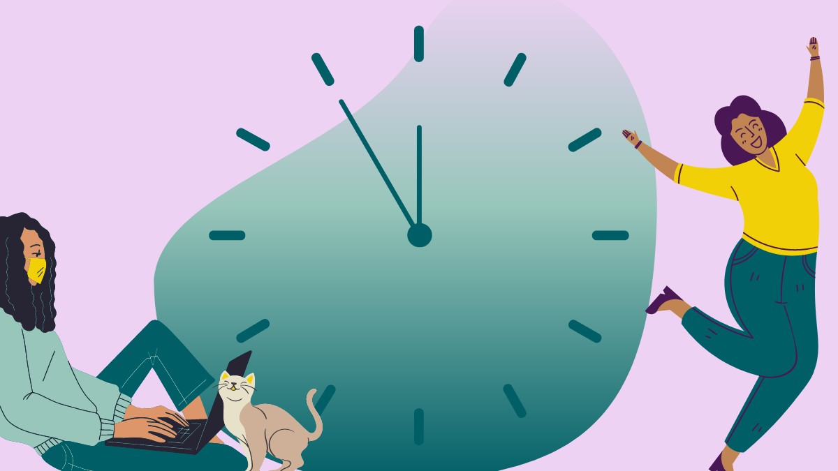 a digital illustration of a Black femme person works on their laptop while sitting on the ground, leaning against the left si