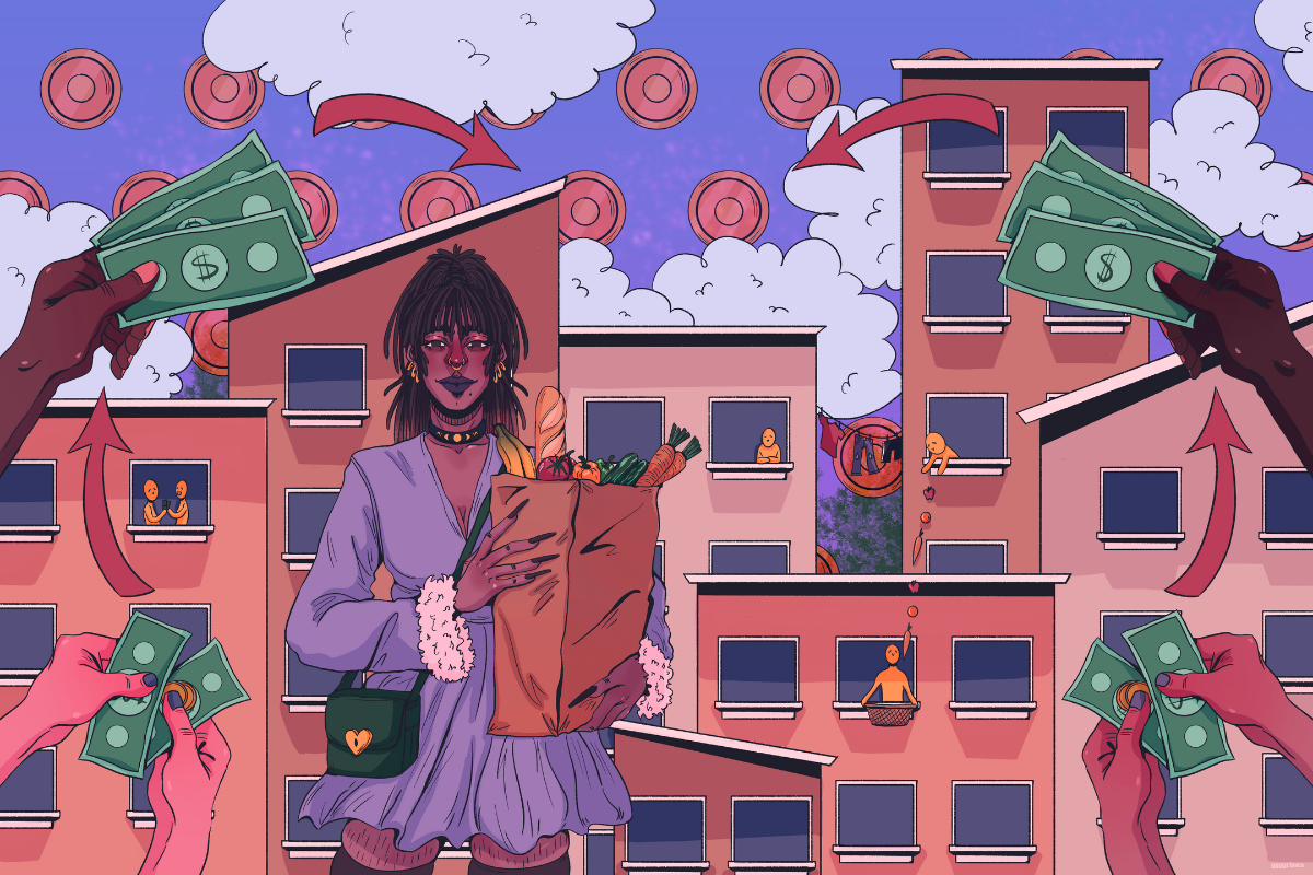 a Black trans woman holds a brown paper bag of groceries in front of a background of apartment buildings. Pairs of hands reac