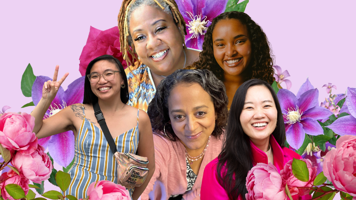 digital image collage of five women of color cutout from other images with cutout photos of pink and purple flowers surroundi