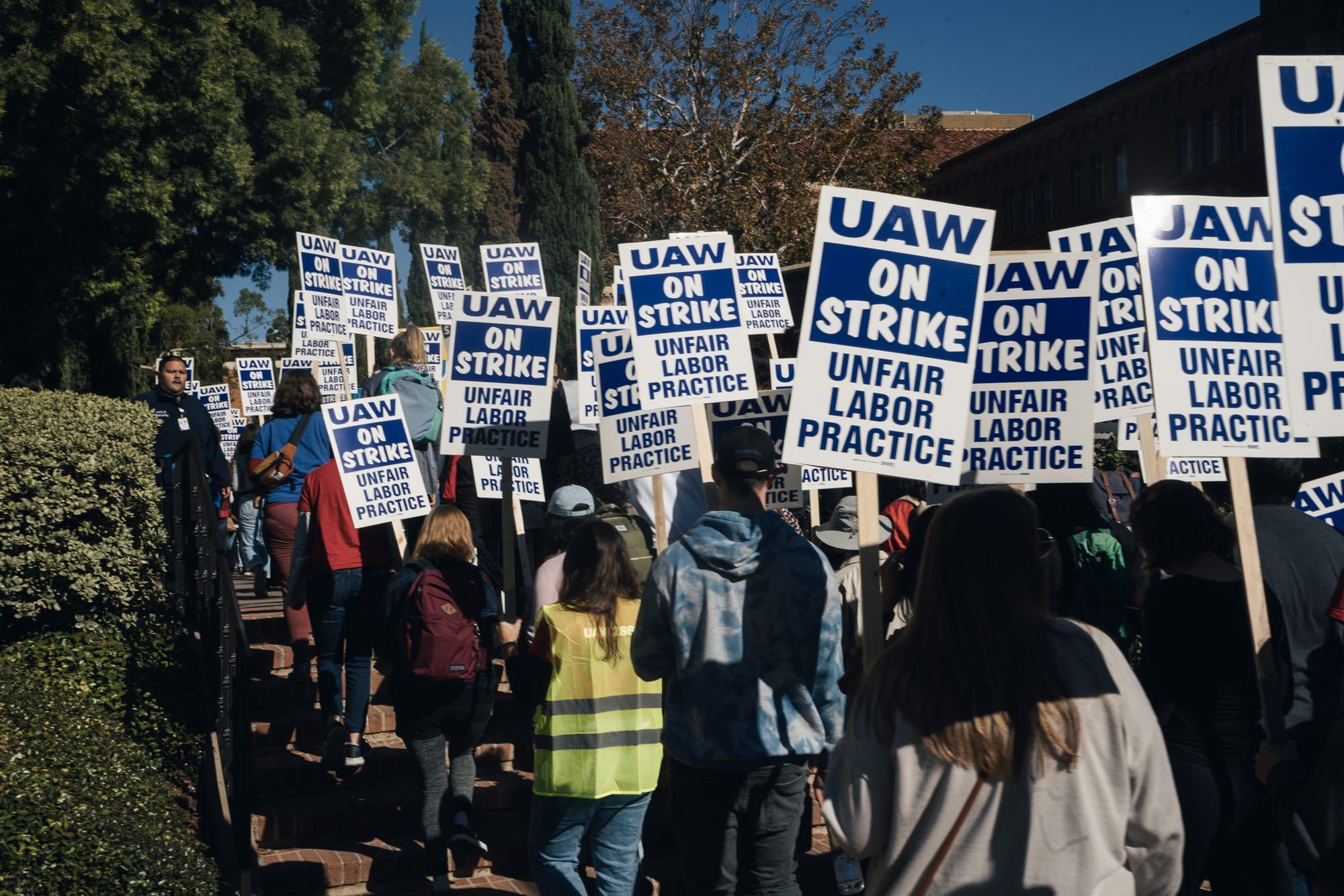 color photograph of a group of protesters walking outside. their backs are to the camera, and most are holding white and blue