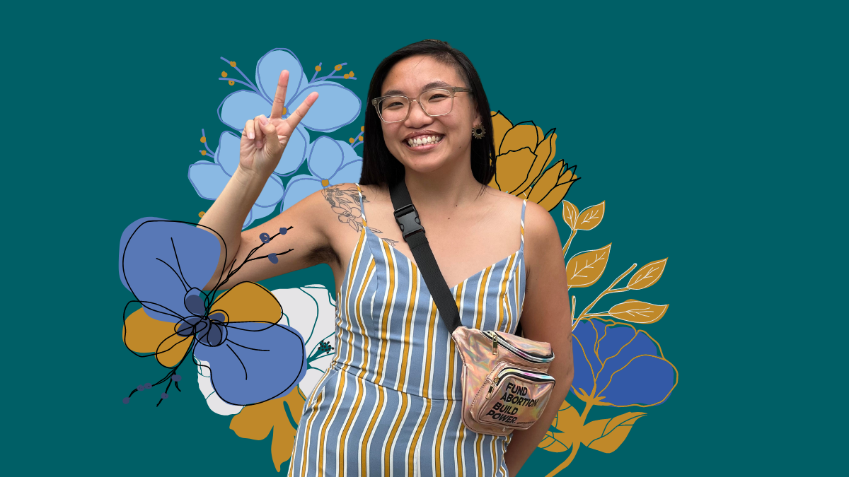 color digital collage of an asian femme person wearing a blue and yellow striped dress holding up a peace sign. digital blue,
