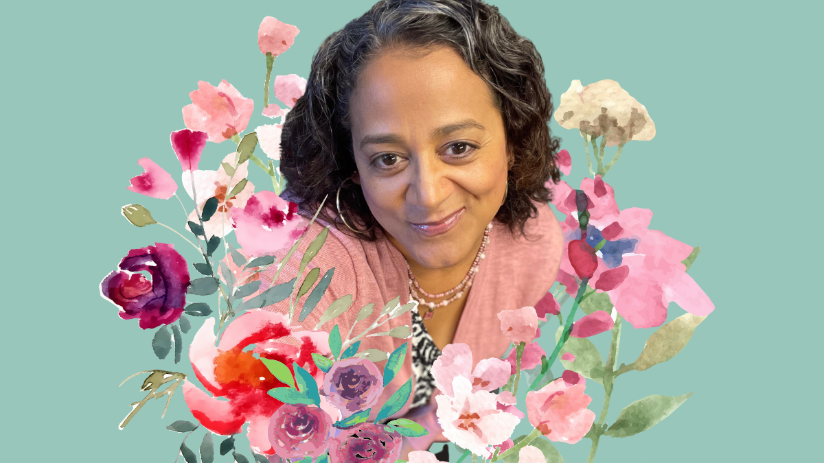 digital color collage of a femme person wearing a pink v-neck shirt and pink and white beaded necklace. she smiles with close