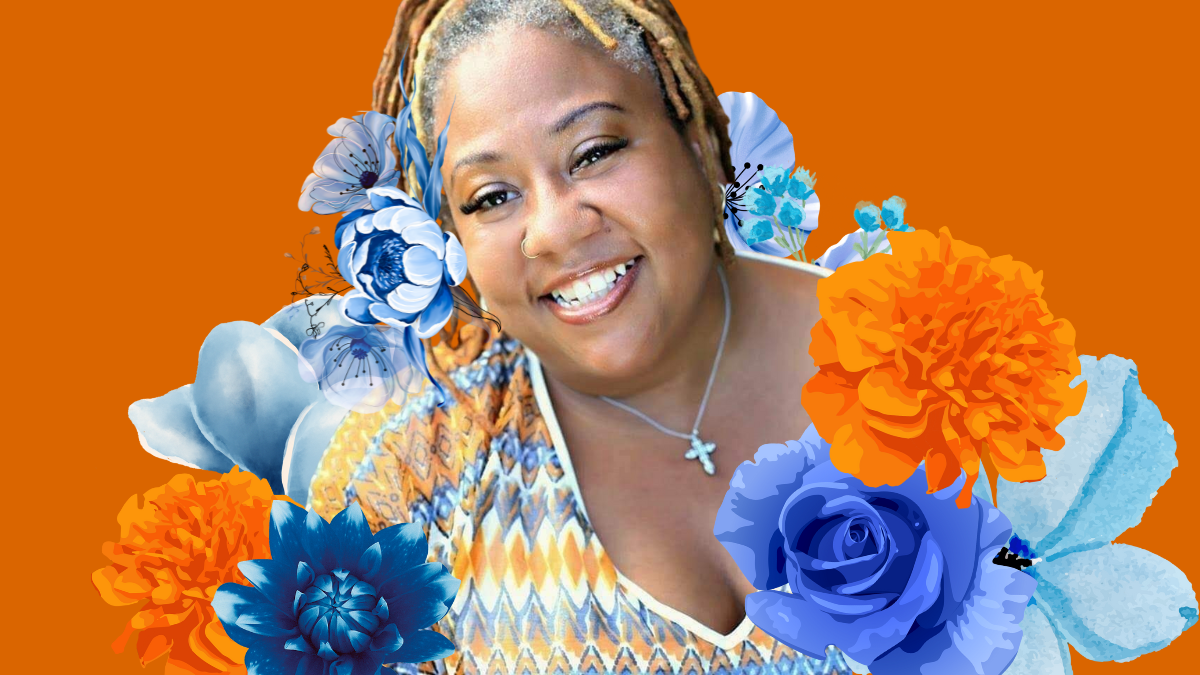 digital collage of a black femme person with braids tied in a ponytail wearing a yellow, orange and blue patterned v-neck shi