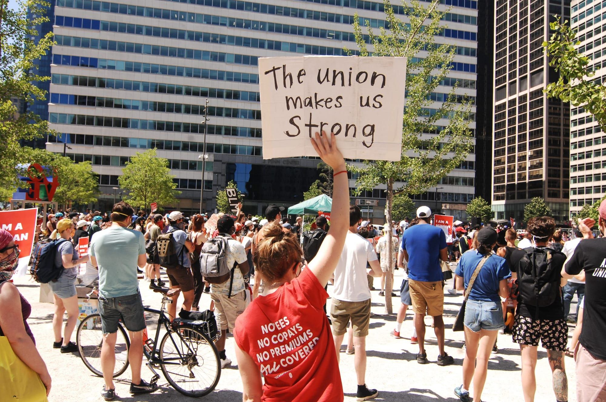 color photo of an outdoor protest in favor of unions. a person stands with their back facing the camera holding up a white pa