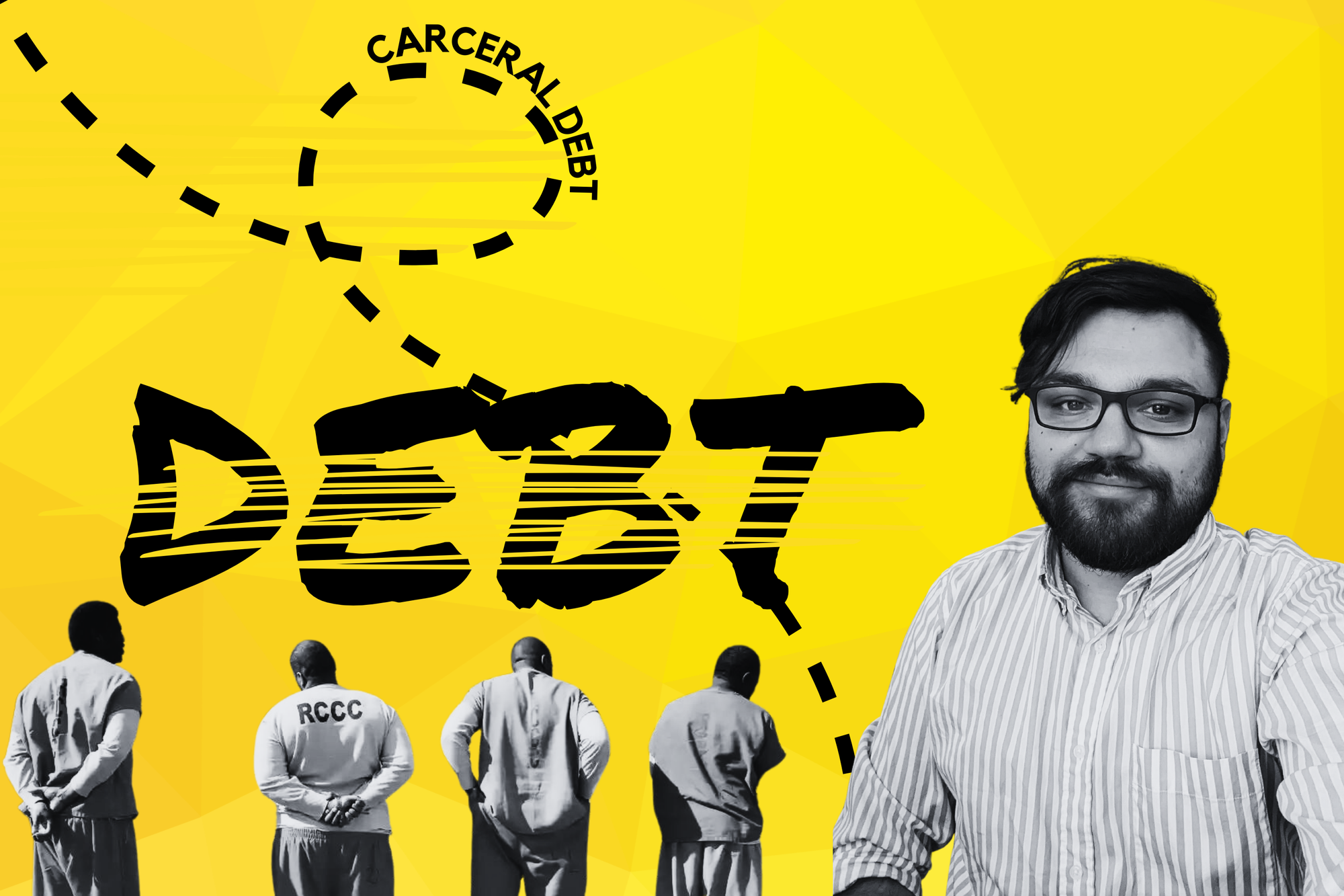 digital collage with a yellow background. on the bottom left, four incarcerated men in uniforms stand with their backs to the