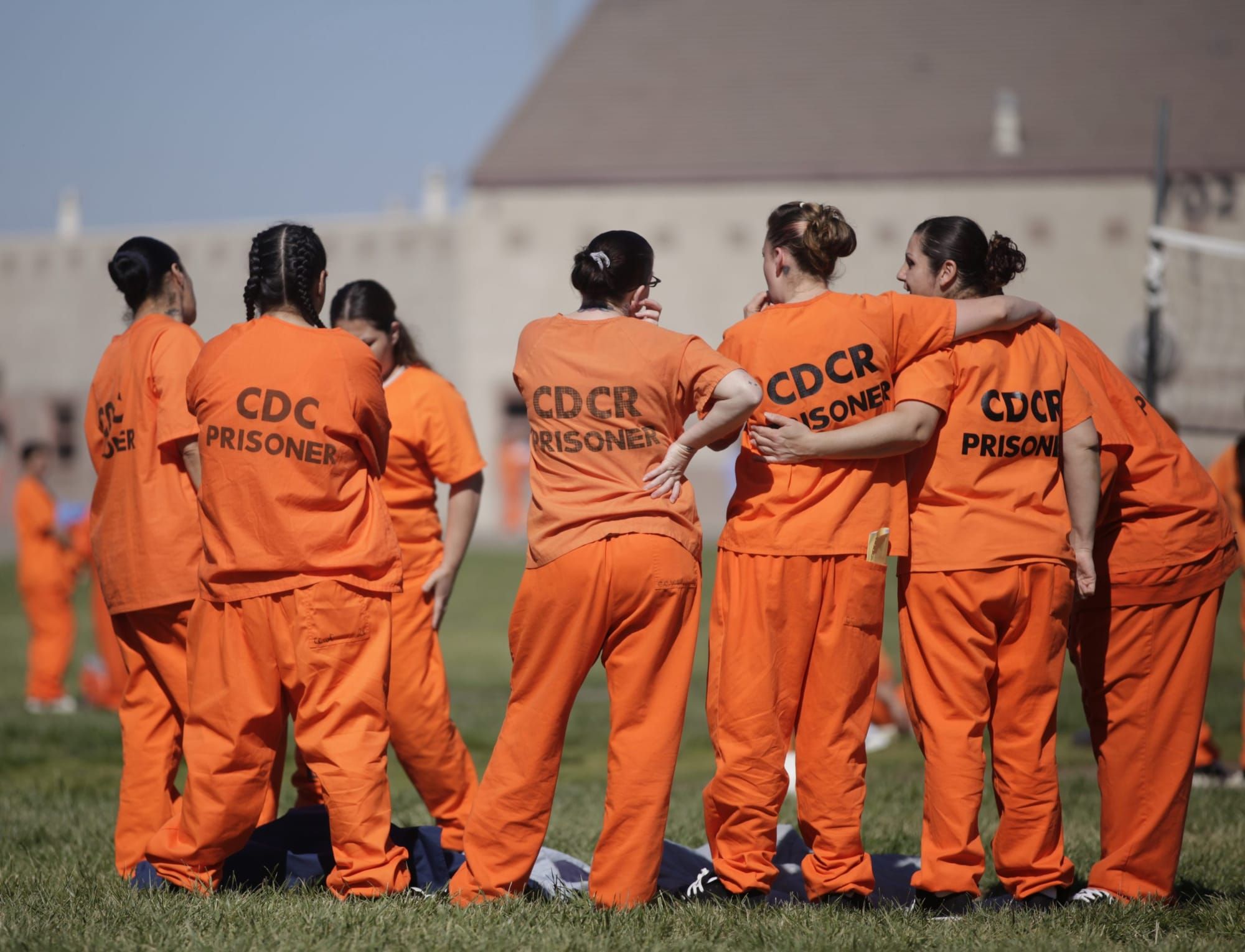 color photograph of seven women standing with their backs to the camera. they are outside on a green field with a prison in t
