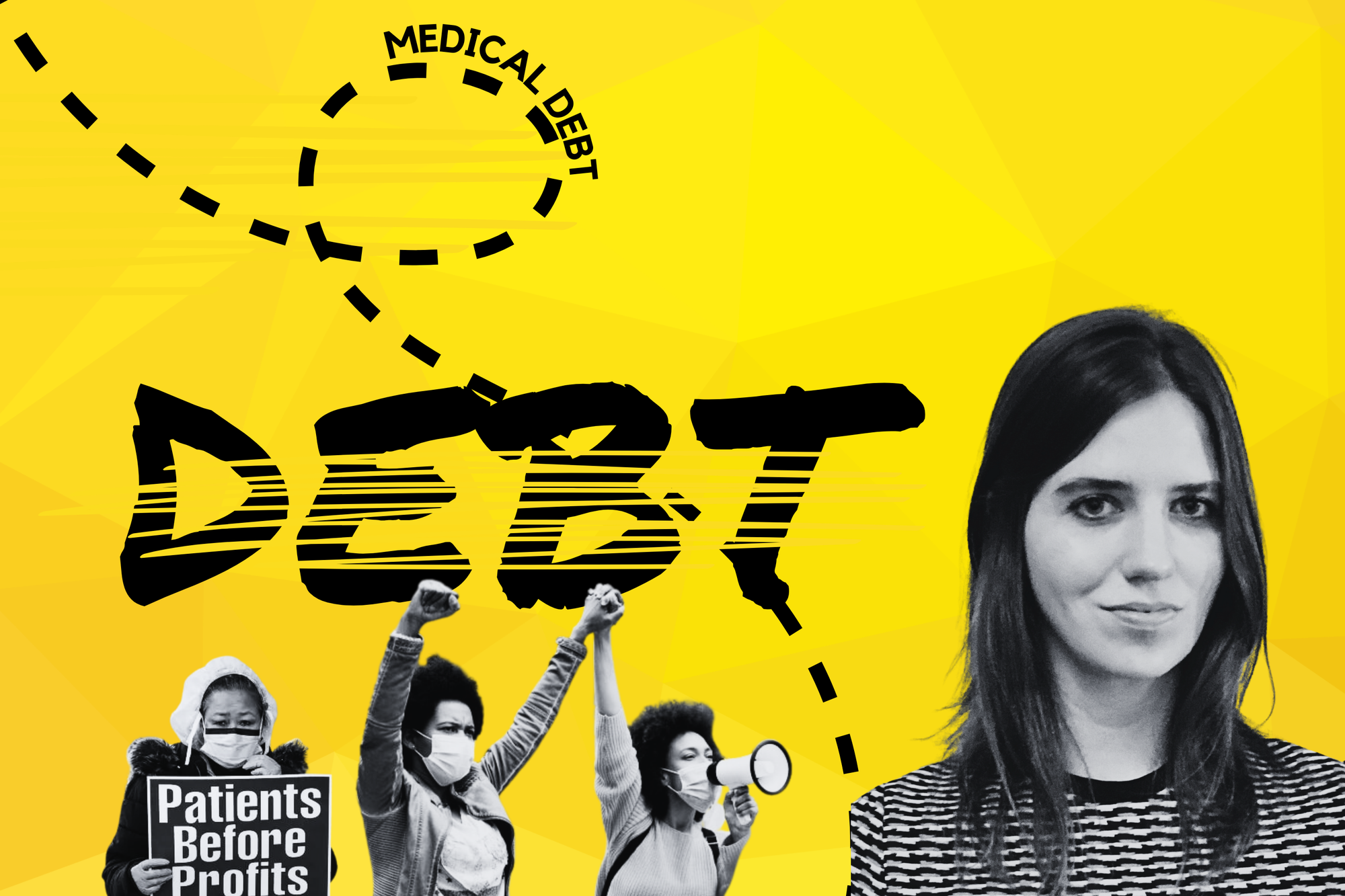 digital collage with a yellow background. on the bottom left, three people holding "Patients over profits" signs stand on the