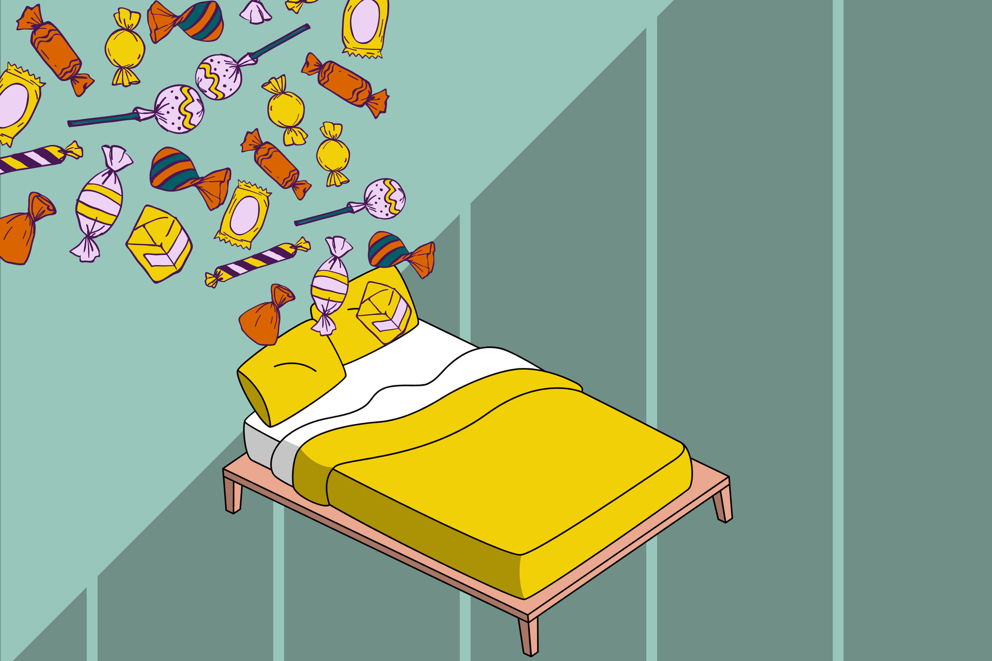 digital collage of a bed with yellow and white sheets. different types of unbranded candy falls from the top left corner to t
