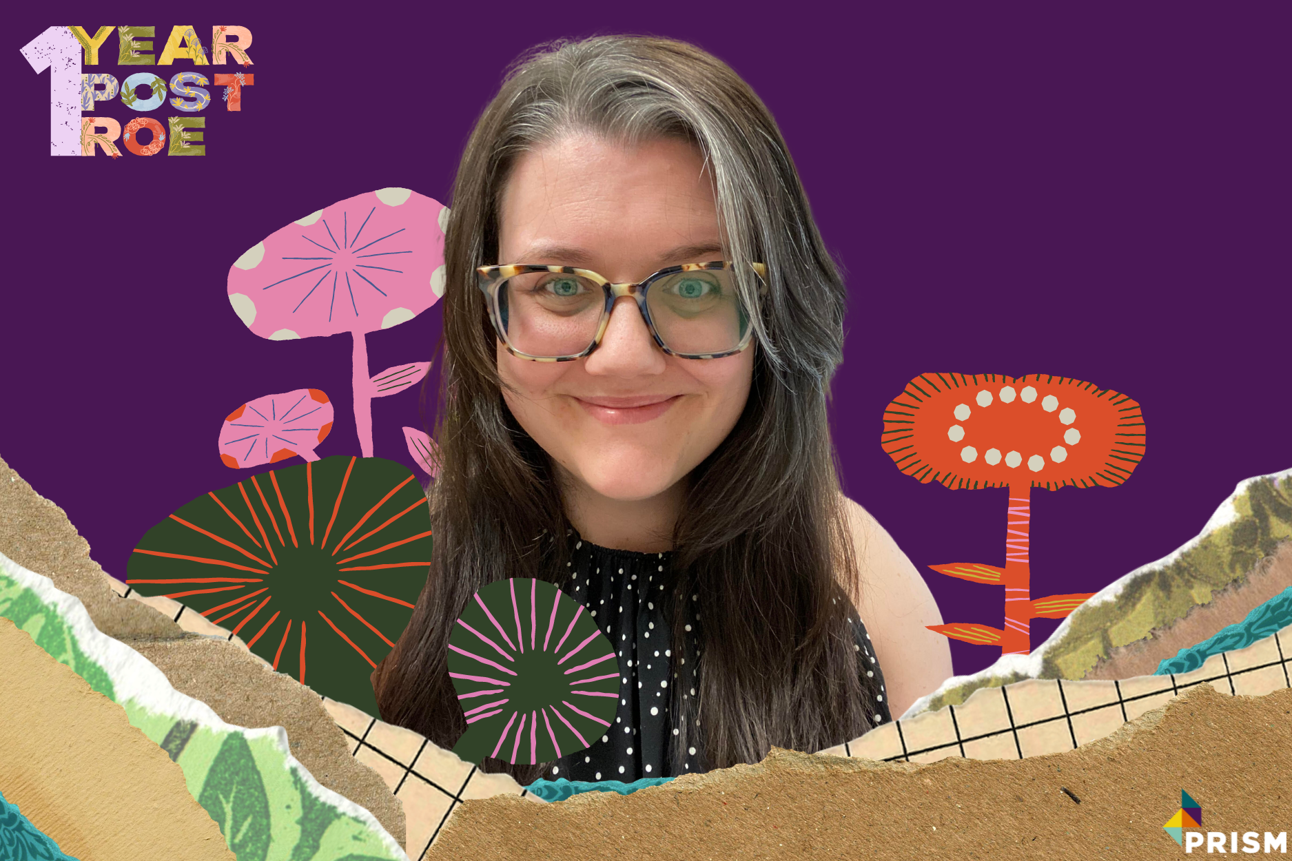 digital collage with a dark purple background. a photograph of a white femme person with brown hair and gray streaks in the f