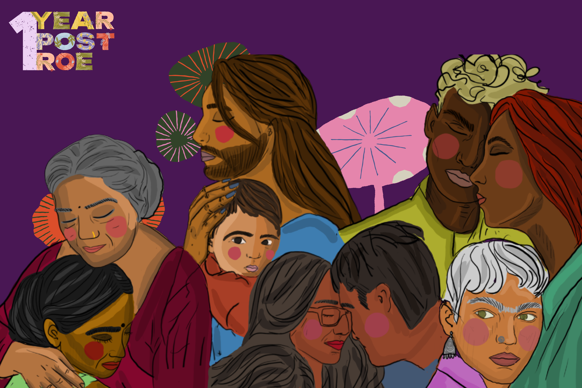 digital collage on a dark purple background of south asian people of various ages and skin tones holding one another. in the