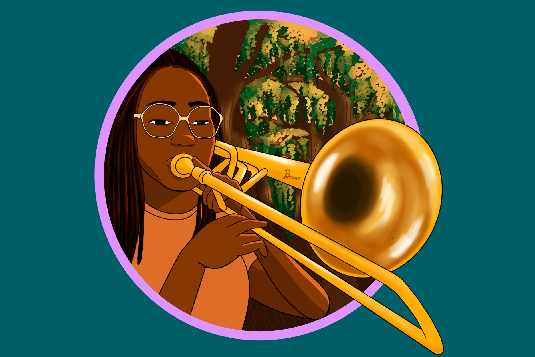 digital portrait on a dark teal background of a teenage Black girl wearing an orange shirt and playing the trombone. the trom