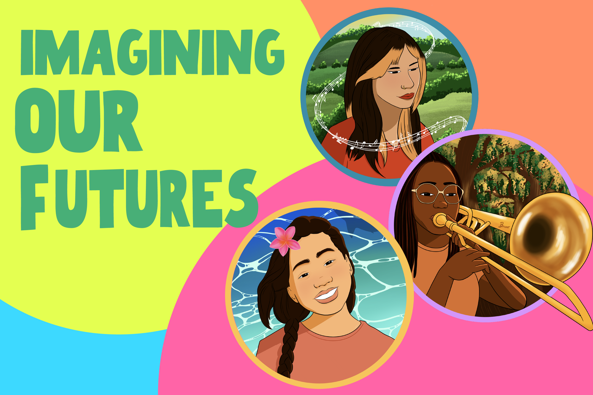 digital collage on a background of neon blue, green, pink, and orange circles. three illustrations of young bipoc are encircl