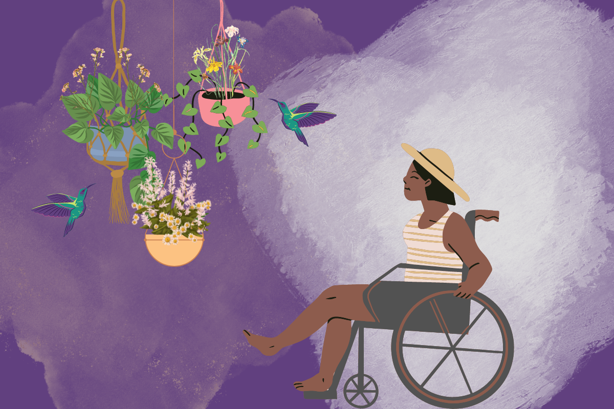 digital collage on a dark purple background. a black woman with shoulder-length hair sits in a wheelchair while wearing a sun