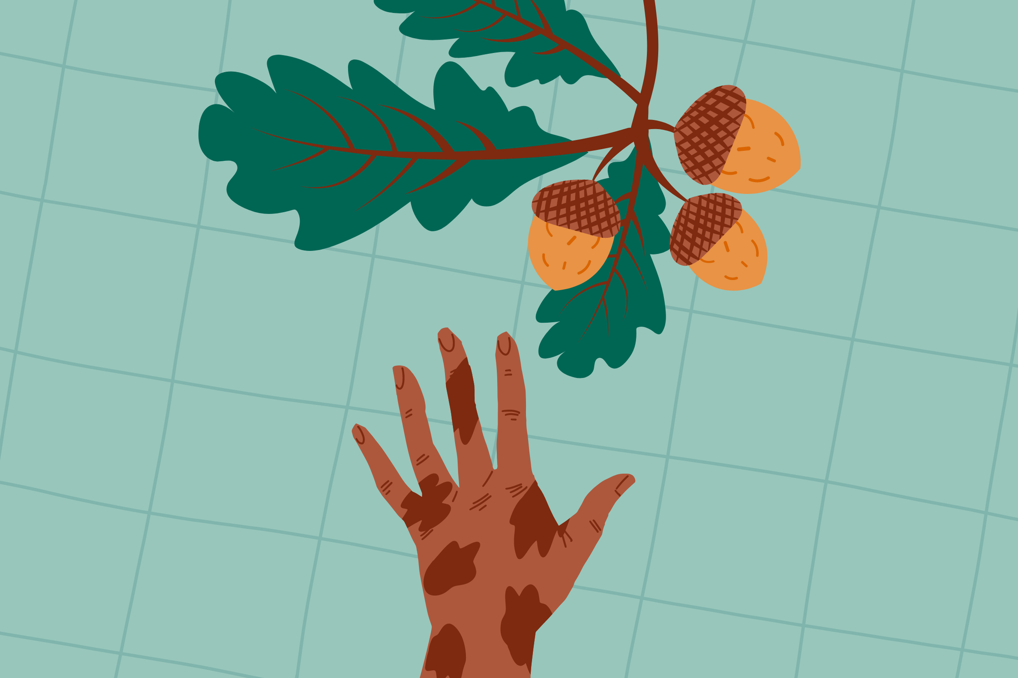 digital collage with a light turquoise background. a dark tan hand with dark brown splotches reaches towards a branch holding