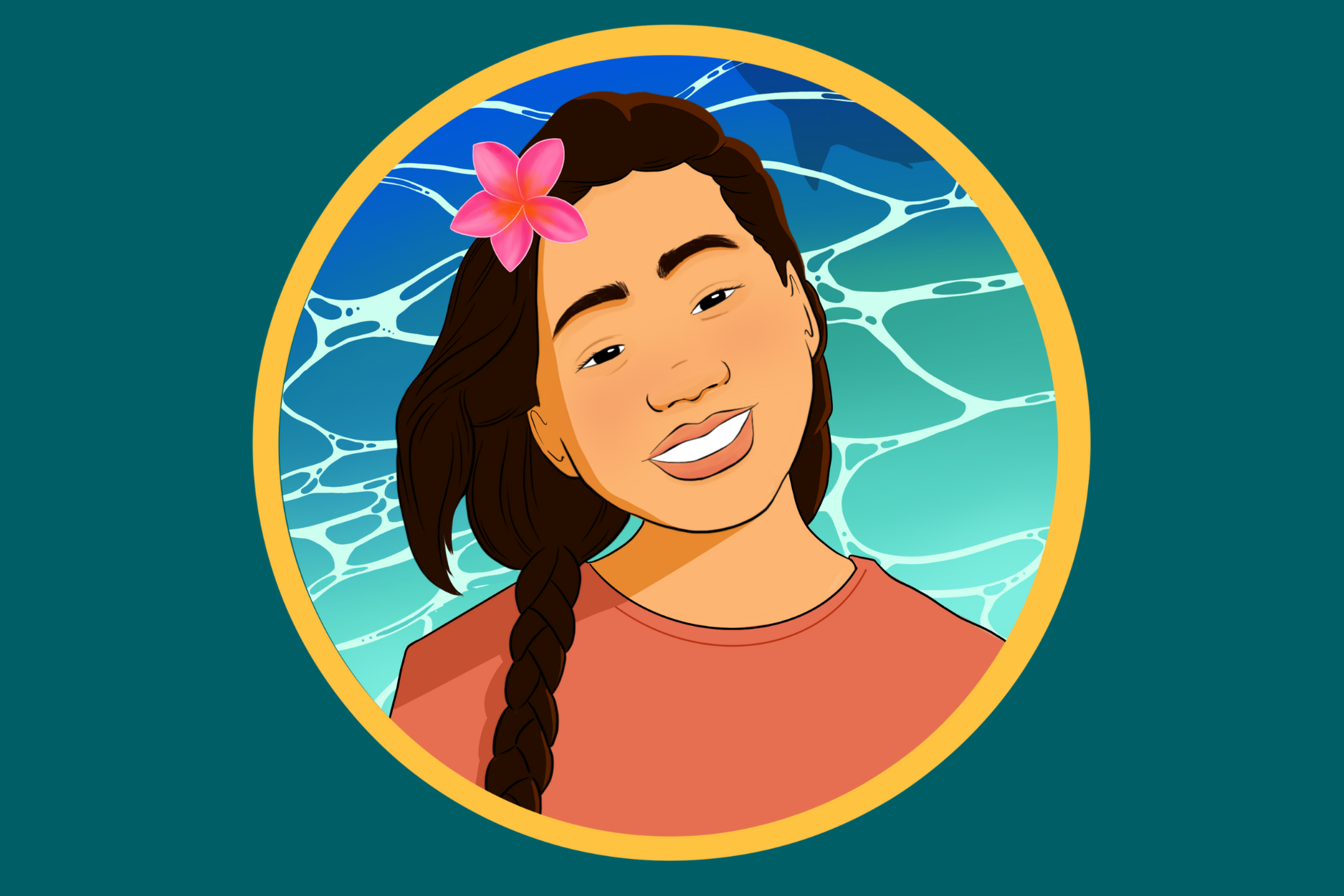 digital portrait of a teenage girl with black hair braided over her right shoulder. she wears an orange t-shirt and a pink fl