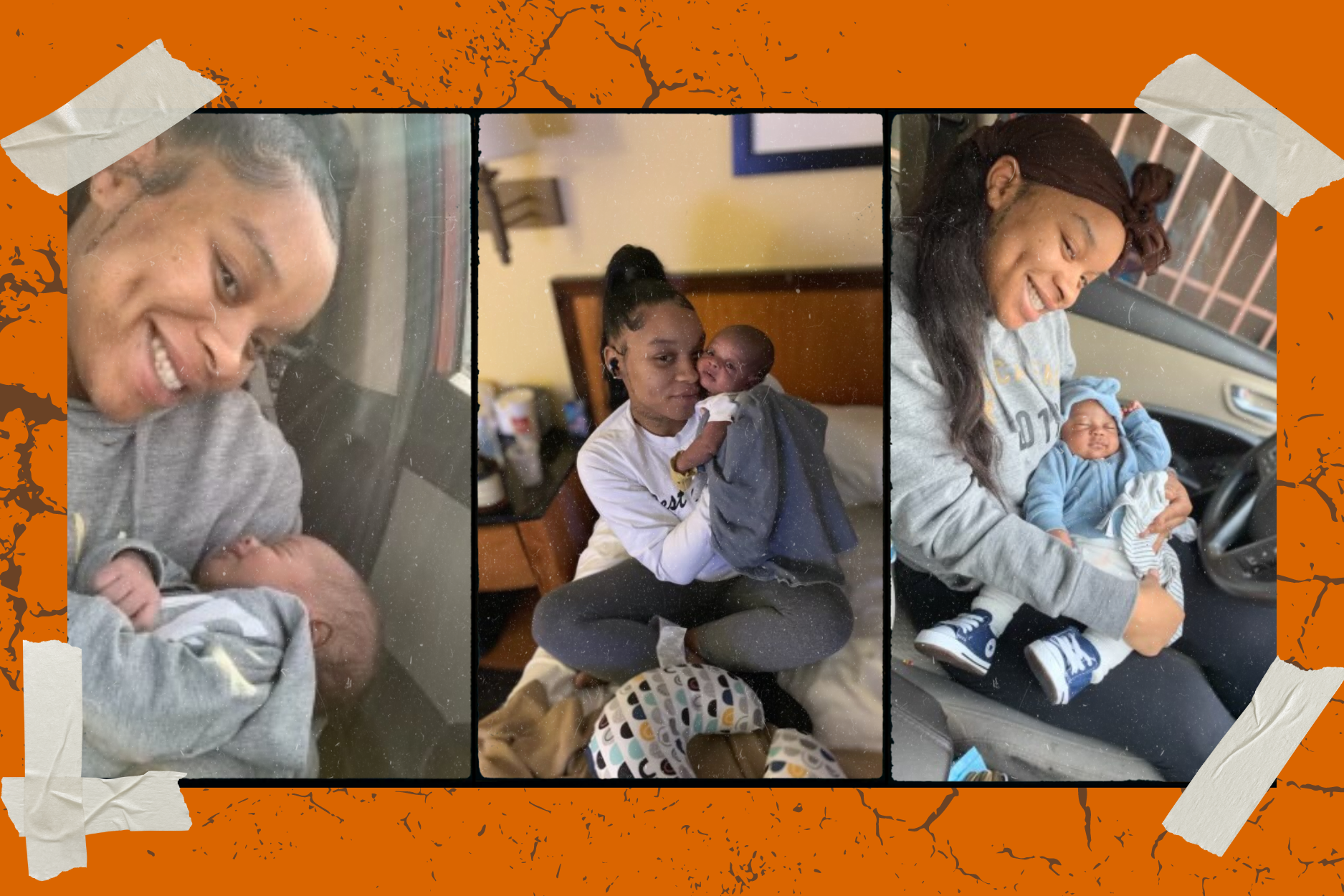 digital collage on an orange background with a triptych of three color photographs of a Black woman holding an infant child i