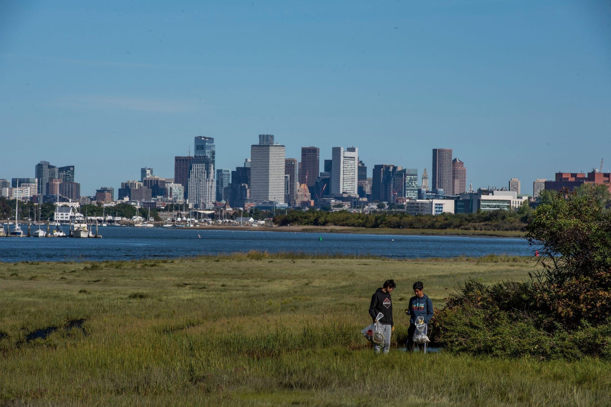 color photograph wide shot of volunteers in the bottom right of the frame picking up trash in a marsh. across the river in th