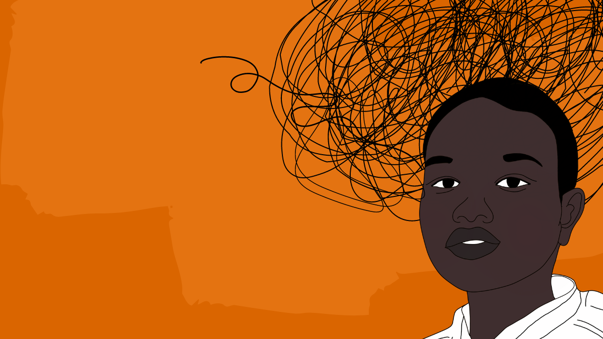 digital collage on an orange background of a young dark-skinned black person with shaved hair and a white collared shirt only