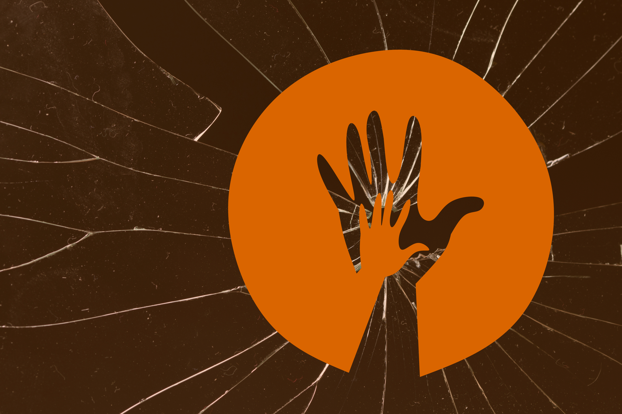 digital collage on a dark brown background with lines like shattered glass emanating out from an orange circle on the right s