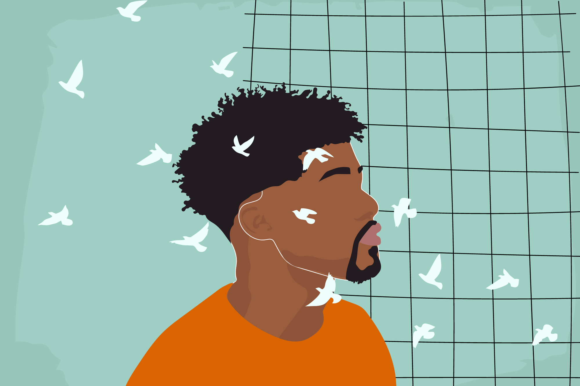 digital collage on a teal background of an illustrated black man with a mustache and circle beard. behind him is a set of thi