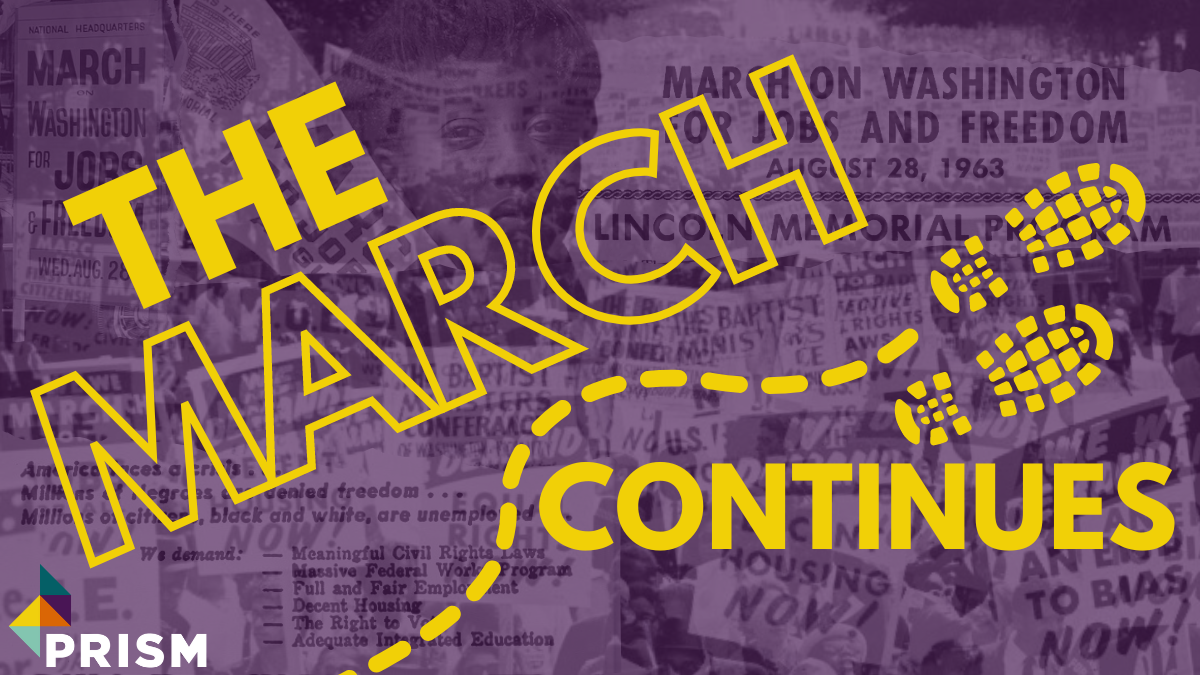 digital collage with purple background overlaid onto newspaper clippings about the March on Washington with text that reads "