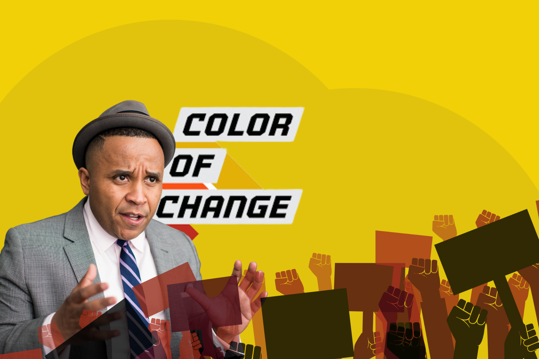 digital color collage on a yellow background. on the left side, a Black man wearing a gray suit, blue-and-white striped tie,