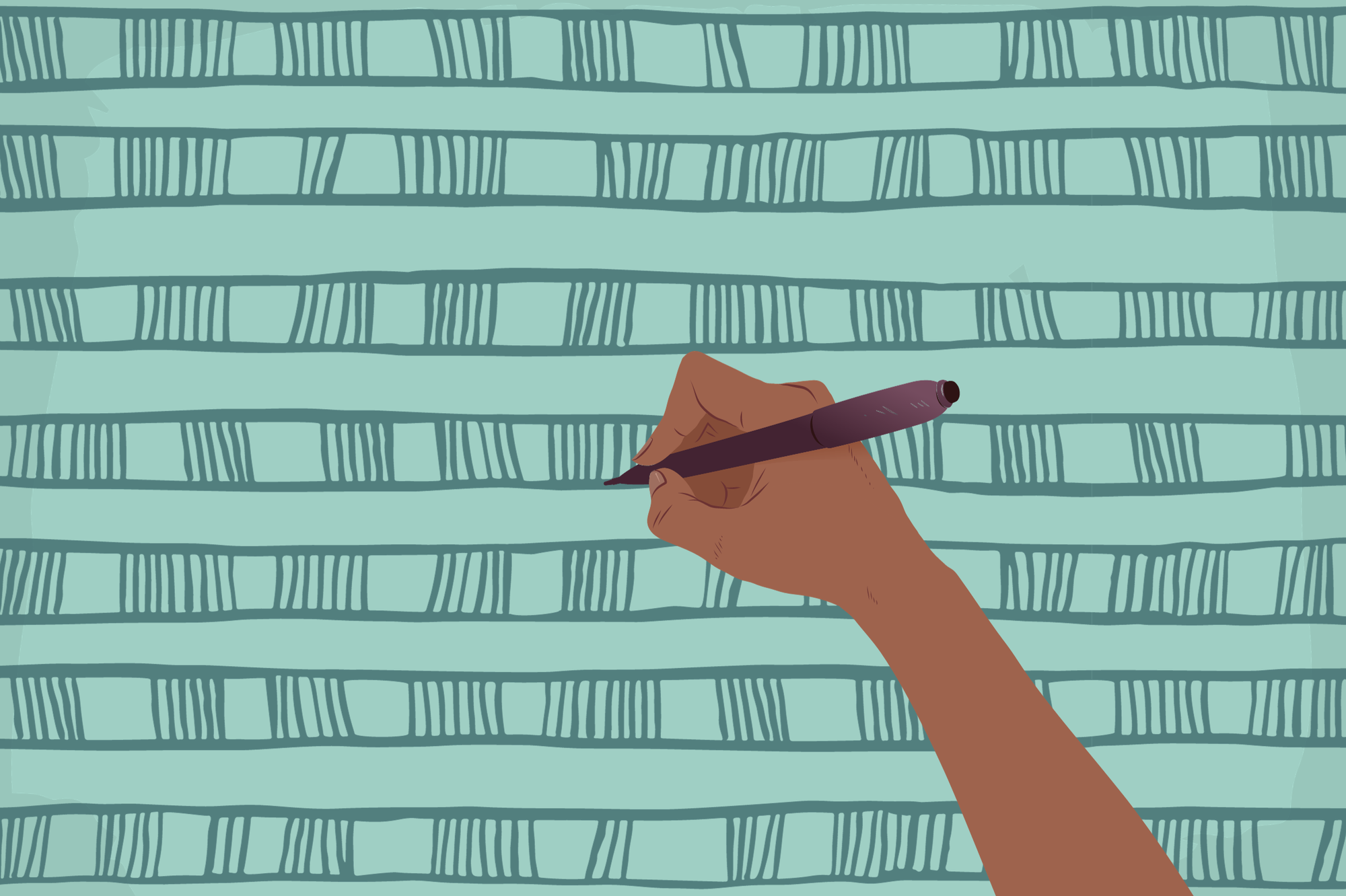 color digital image of a brown hand holding a pen at the center on a teal background. the background is a digital illustratio