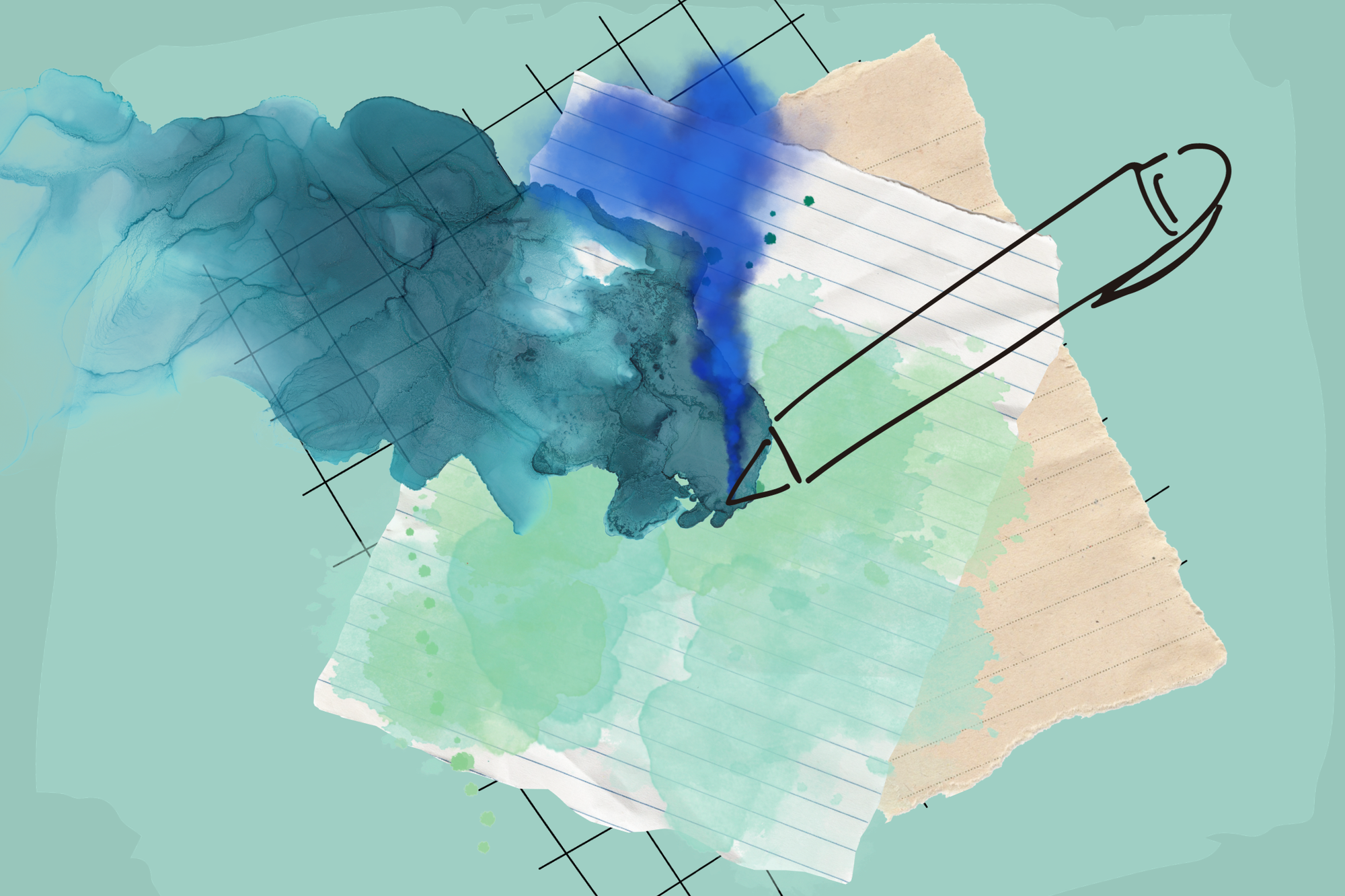 color digital collage on a teal background. the outline of a pen in imposed on two sheets of paper. blue and teal watercolor