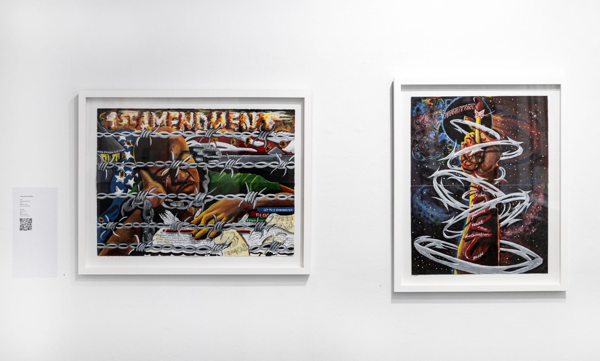 color photograph of two art pieces on the white wall of an exhibition space. in the top left corner, the prism logo is overla