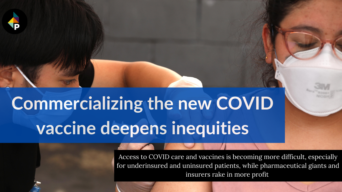 color photograph close-up of a woman wearing glasses and wearing a white face mask receiving a vaccine shot from a health car