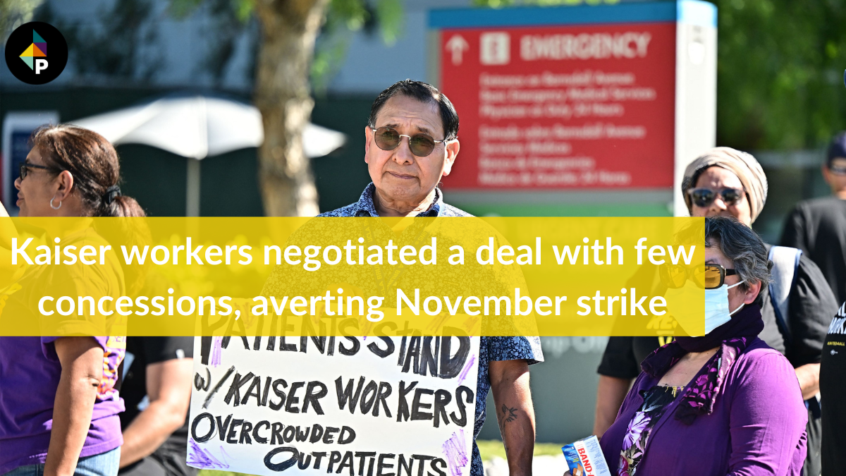 color photograph of an outdoor protest outside a Kaiser Permanente facility. an older Latino man holds a white paper sign wit