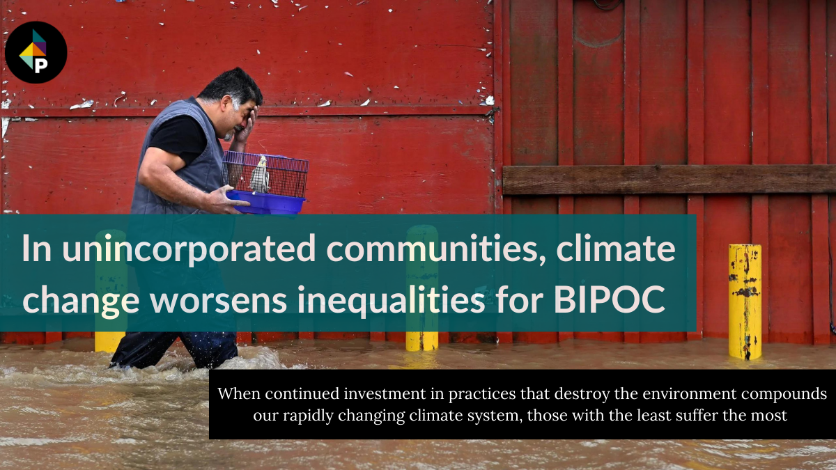 color photograph of a man wading through floodwater that comes to his knees. he holds a bird in a cage and covers his face as