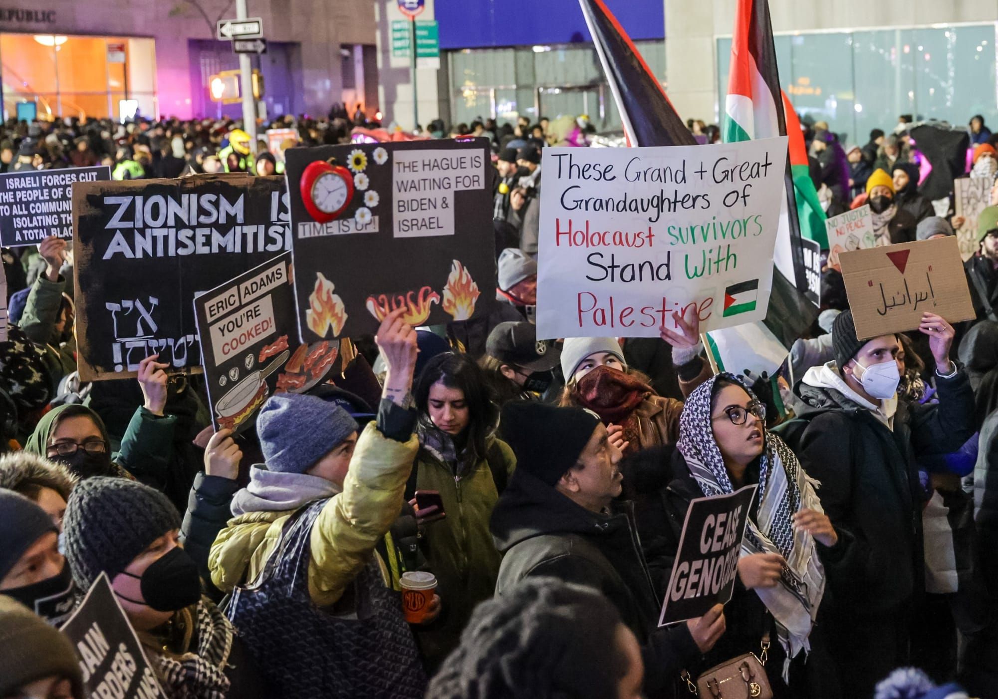 color photograph of an outdoor protest in support of Palestinian liberation