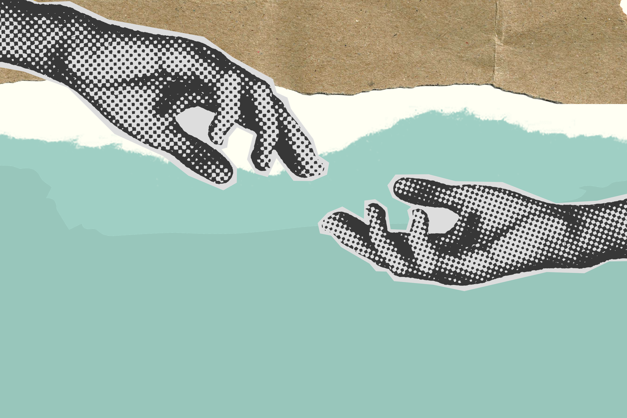 color digital collage of a teal background with white and brown torn paper strips at the top and two black-and-white images o