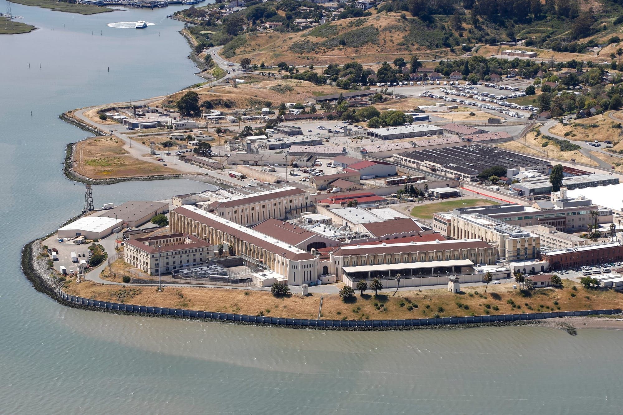 color photograph of an aerial view of San Quentin Prison