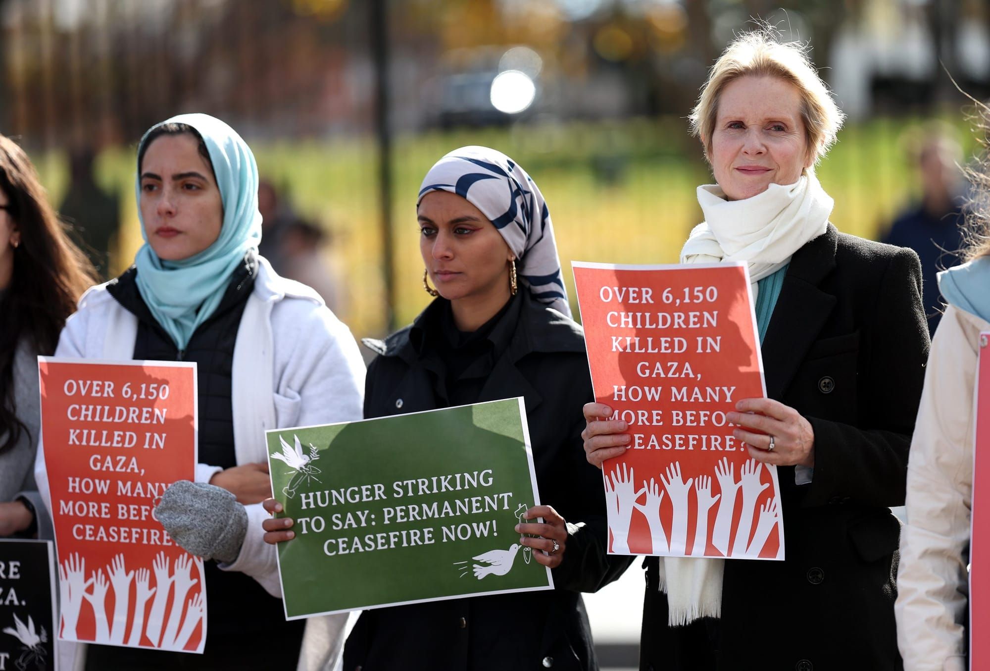 color photograph of an outdoor protest calling for a ceasefire in palestine.